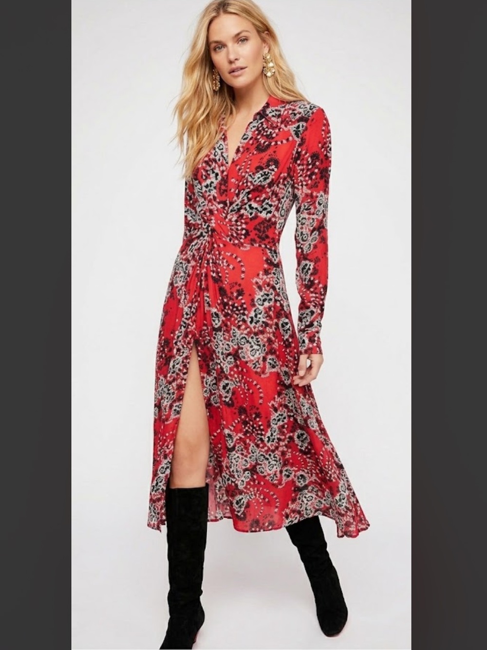 Free People Women's Tough Love Midi Shirtdress in Red Dress